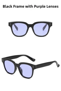 Detail view of black square frame sunglasses with purple lenses and silver rivet studs