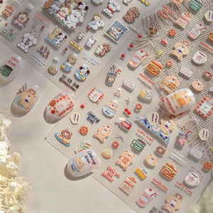 3D Embossed Nail Art Stickers Cute Cartoon Dog Bear Food Dessert Pattern Self Adhesive DIY Manicure Decorative Decals