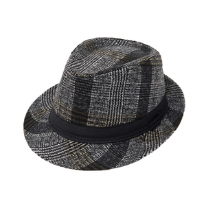 Classic British plaid fedora hat with black decorative band for autumn and winter fashion