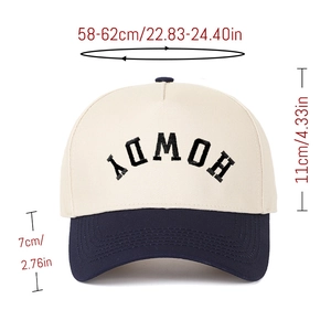 Detailed view of HOWDY embroidered five-panel baseball cap with size specifications