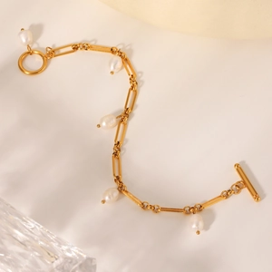 18K gold plated OT toggle clasp bracelet with rectangle links and freshwater pearls