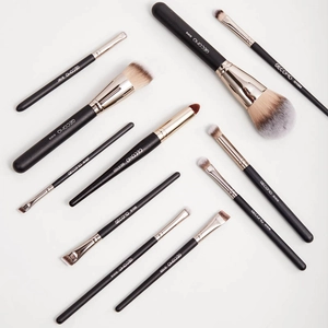Professional 10-piece makeup brush set with black handles and gold ferrules on white