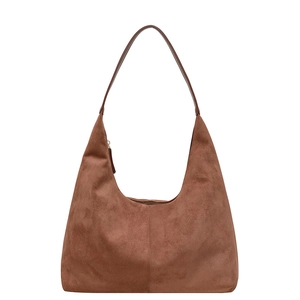 Brown frosted suede hobo tote bag for women with vintage minimalist shoulder strap