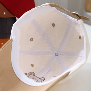 Detail of baseball cap interior with six-panel construction and metal buckle adjustment
