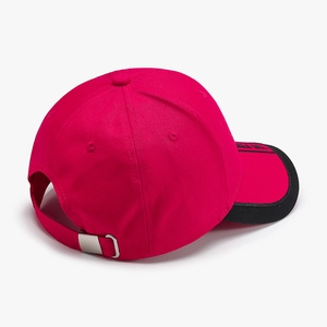 Rose red hard-top baseball cap with black trim and adjustable metal buckle back