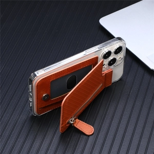 Detailed view of the brown leather phone wallet attachment with zipper and card slots