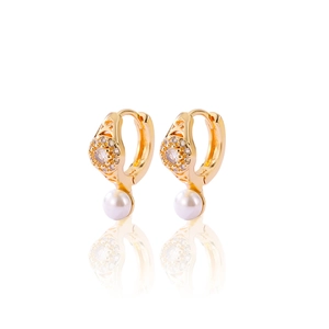 Elegant gold plated copper hoop earrings with pearls and zircon stones on white background