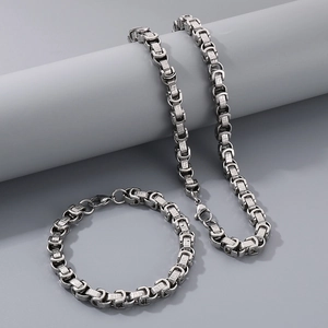 Detailed view of silver stainless steel Byzantine chain necklace and bracelet set