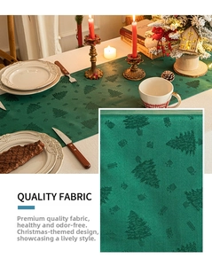 Detailed view of high quality dark green jacquard Christmas tree table runner fabric