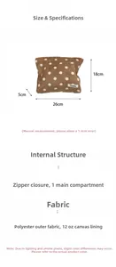 Detailed size specifications of the retro polka dot pouch with polyester and canvas fabric