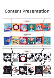 Detailed view showing front and back of high-contrast black and white baby cloth book toy