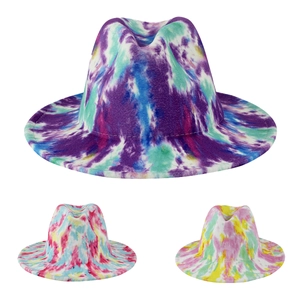 Tie-Dye Wide Brim Fedora Hat Felt Polyester Jazz Cap Colorful Elegant Stylish Unisex Outdoor Photography Accessory