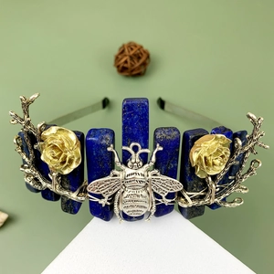 Bohemian crystal crown headband featuring blue stones, silver bee and gold rose details