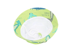 Detail of green kids bucket hat with blue crocodile print and adjustable white chin strap