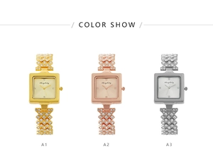 Detailed comparison of luxury square rhinestone watches in gold, rose gold, and silver colors