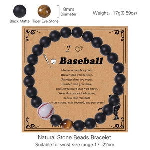 Adjustable 8mm black matte and tiger eye stone baseball bead bracelet for men