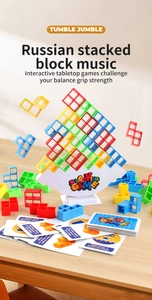 Detail view of colorful Tetris blocks balancing on a white base with instruction cards