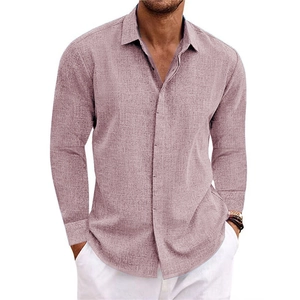 Men's relaxed long sleeve linen shirt in dusty pink color with button-down collar