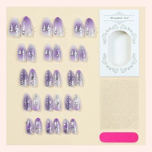 Y2K purple gradient almond press-on nails with 3D silver chrome butterfly patterns