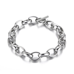 Minimalist silver titanium steel chain bracelet with thick oval links and toggle clasp