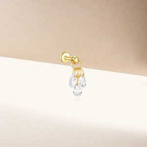 Detailed view of S925 sterling silver lotus stud with three drop-shaped cubic zirconia charms