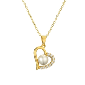 Golden heart pendant necklace with pearl and zircon inlay on a delicate chain