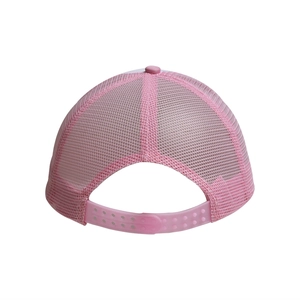 Detailed back view of pink trucker hat featuring breathable mesh and adjustable snapback