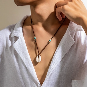 Shell Pendant Necklace Velvet Cord Wood Turquoise Beads Bohemian Beach Surfer Jewelry Men