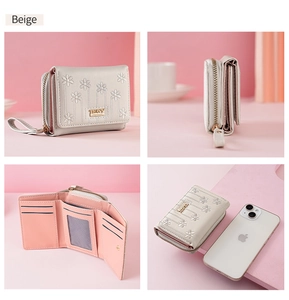 Detailed multi-view of beige women's trifold wallet with daisy embroidery and card slots