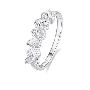 S925 Sterling Silver Eternity Ring Women Geometric Baguette Round Zirconia Stackable Finger Ring Elegant Fashion Jewelry