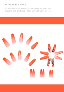Detail of long coffin press-on nails with orange gradient, glitter, and butterfly patterns