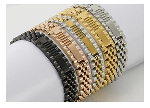 Close-up of five men's stainless steel watch bands in gold, silver, black and rose gold