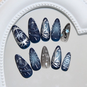 Dark starry night press-on nails with 3D floral relief and silver star patterns