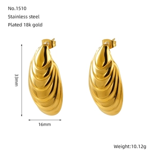 Detail of 33mm textured 18k gold plated stainless steel wave earrings showing dimensions