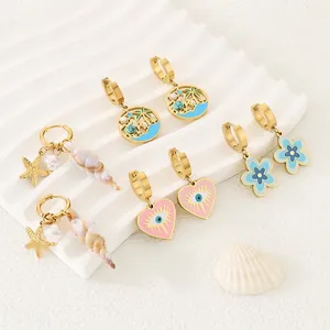 Boucles D'oreilles En Acier Inoxydable Plqué Or Émail Cœur Mauvais Œil Étoile De Mer Conque Künstliche Perle Plage Bijoux Pour Femmes