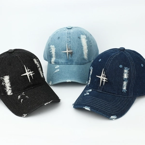 Vintage distressed denim baseball caps with metal star rivets in three assorted colors