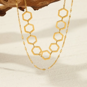 Vintage Stainless Steel Geometric Hexagon Double Layer Necklace For Women Gold Plated Fashion Minimalist Clavicle Chain