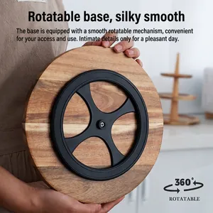 Wooden cake stand with a 360-degree rotating base showing natural grain finish