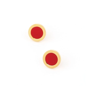 Detail shot of minimalist gold-plated round stud earrings with red enamel inlay finish