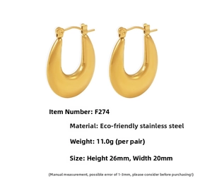 Macro shot of 26mm gold U-shaped drop earrings in polished stainless steel with dimensions