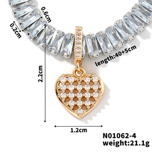 Detailed view of heart and square zircon pendant necklace with 40+5cm length specifications