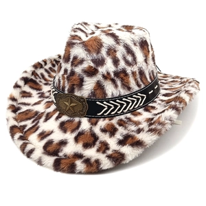Stylish leopard print faux fur cowboy jazz hat with leather band and star buckle