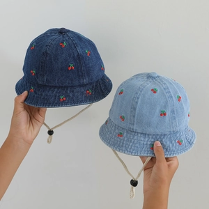 Cute denim bucket hats for baby girls with red cherry embroidery and windproof rope straps