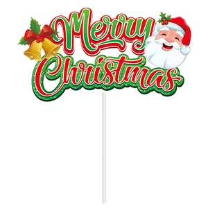 Merry Christmas cake topper featuring Santa Claus and golden bells decoration