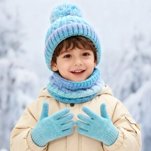 Kid's blue tie-dye knit hat with pompom, matching neck warmer and gloves set for winter