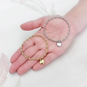 Waterproof 18K gold and silver stainless steel beaded bracelets with heart pendants