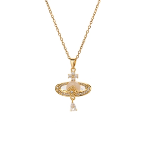 Saturn pearl necklace with gold chain, cross pendant and sparkling zircon stones