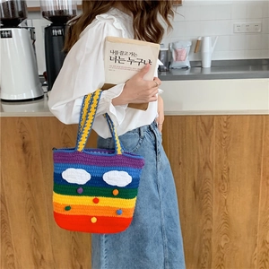 Handmade Crochet Shoulder Tote Bag Rainbow Stripe Yarn Woven Cloud Pompom Decor Casual Bohemian Style For Women