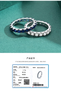 Close-up of S925 sterling silver rings with full circle blue and white zircon settings
