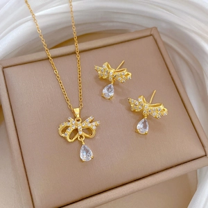 Luxury gold titanium steel butterfly necklace and water drop earrings jewelry set